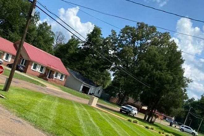 A striped lawn running down a Delta corner lot to the street, cut clean along the kerb